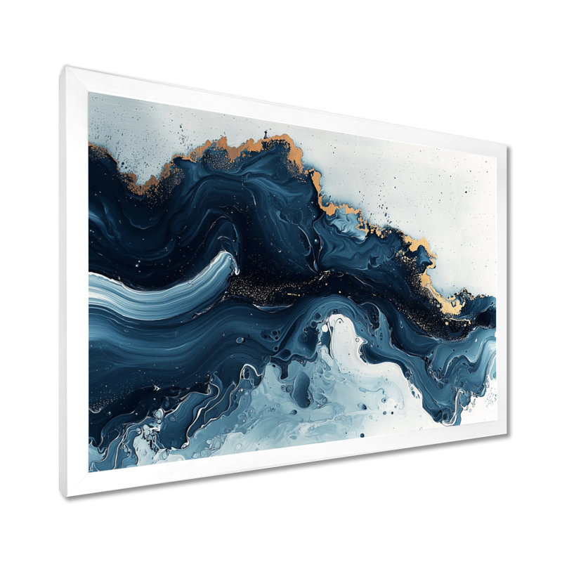 Art sur toile à l'encre liquide dorée et bleue céleste IV, H 12 po x l 20 po, Blanc, Picture Framed