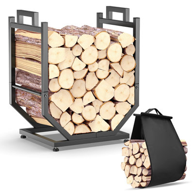 Metal Firewood Rack with Carrier Bag, Indoor Outdoor Log Holder with Adjustable Feet, Black