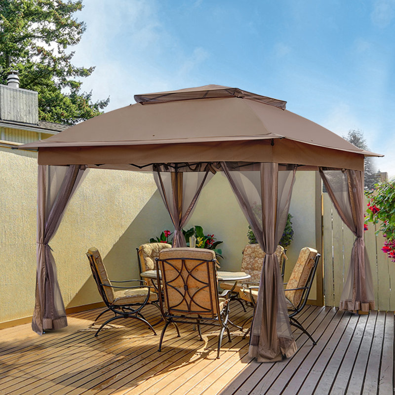 11 Ft. W x 11 Ft. D Pop Up Canopy Patio Gazebo with Mesh Wall, Brown