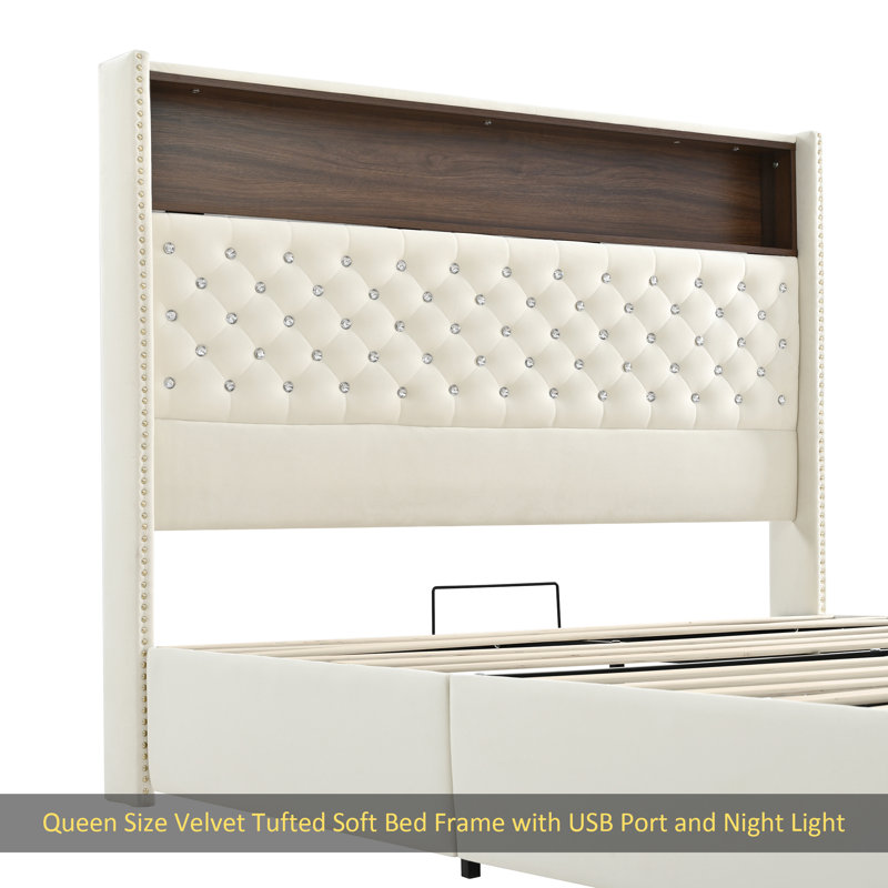 Structure de lit pour grand lit en velours capitonné avec port USB et veilleuse, tête de lit haute 52 po avec rivets, lit plateforme à oreilles avec tablette de tête de lit, beige