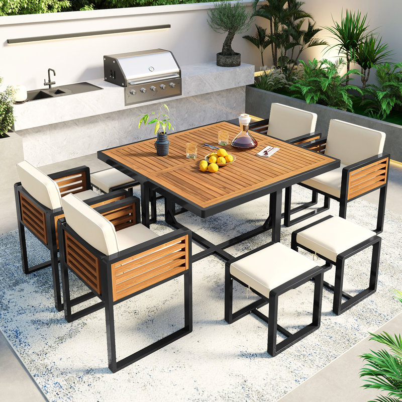 Ensemble repas de patio en bois d'acacia 9 pièces GO, Beige