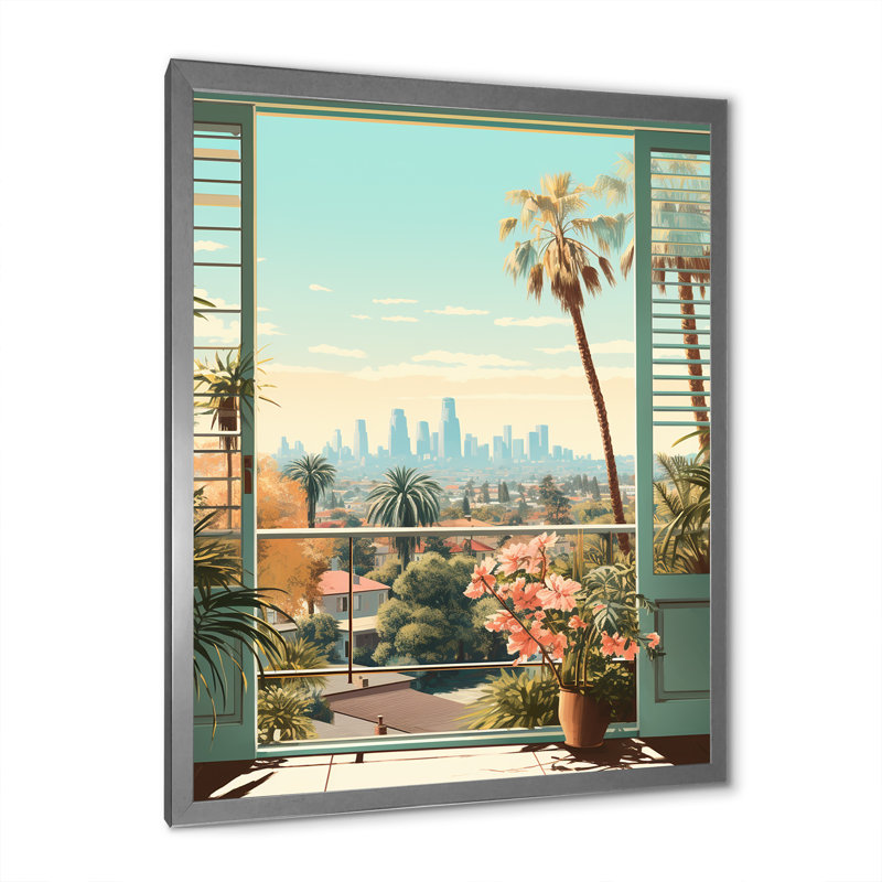 «Vintage Los Angeles Window View 2», art mural floral, Cadre simple argenté, H 32 po x l 24 po x P 1 po