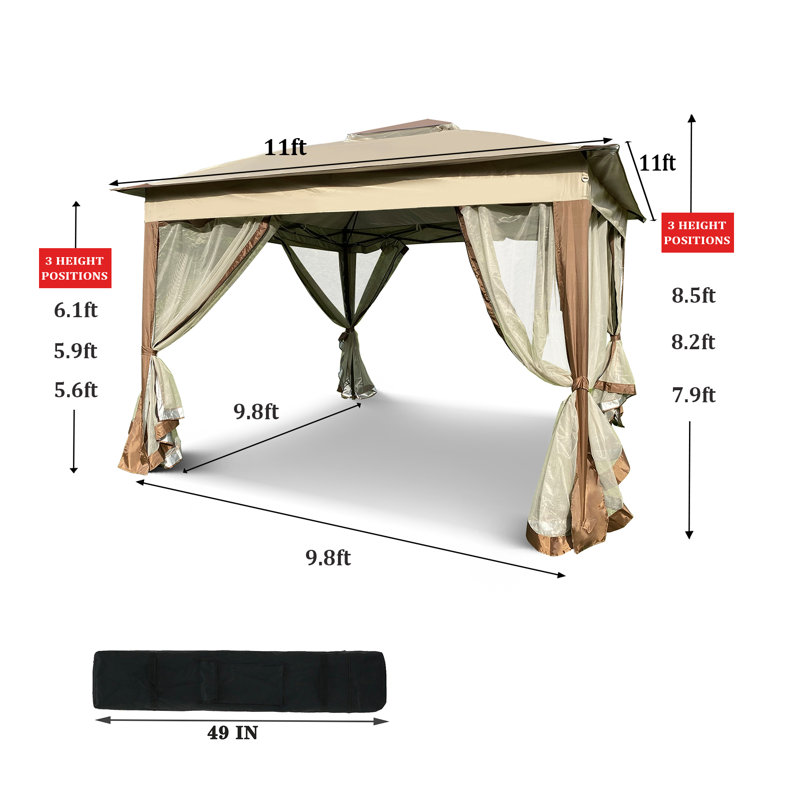 Auvent escamotable 11X 11Ft, abri de jardin extérieur pour patio avec filet à fermeture à glissière amovible pour jardin