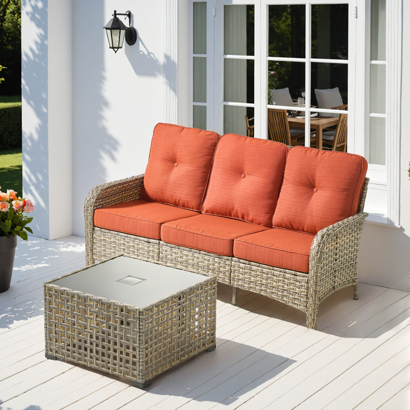 Emroy 3 - Person Wicker/Rattan Outdoor Sofa Seating Group with Lighted Coffee Table and Cushions, All Weather High Back Conversation Set for Garden Backyard