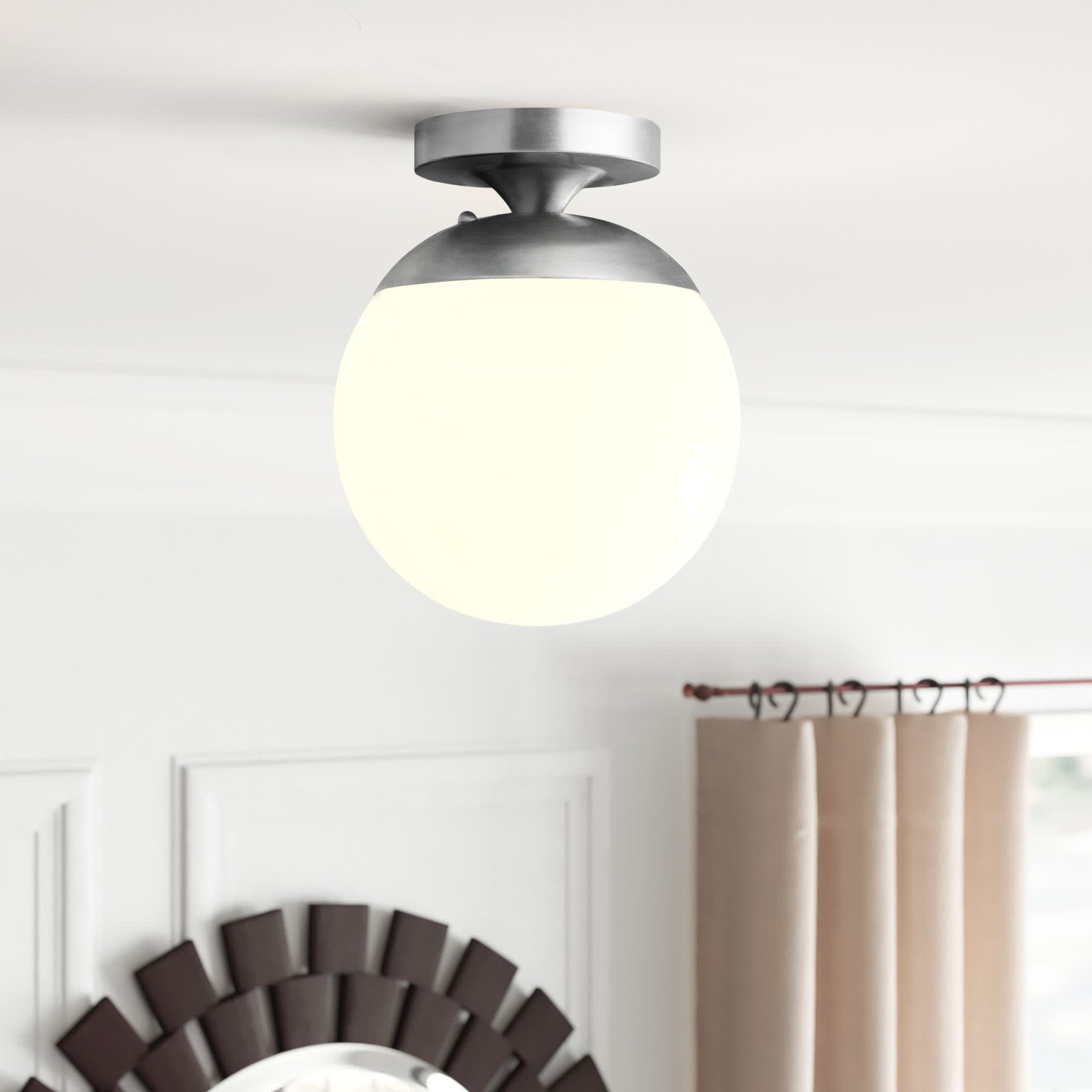 Meri Single Light Glass Semi Flush Mount, Satin Aluminum, White, No