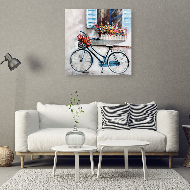 Vélo sous la fenêtre - peinture sur toile tendue, H 30 po x l 30 po x P 1,5 po