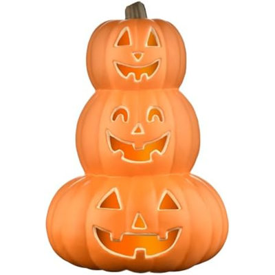 Stacked Jack-O’-Lantern Pumpkin Decoration – 3-Tier Light-Up Halloween Gourd HDPE Plastic – Indoor/Outdoor Fall Decor With Happy Ghost Faces – Cute Pumpkin Tower For Porch Tabletop