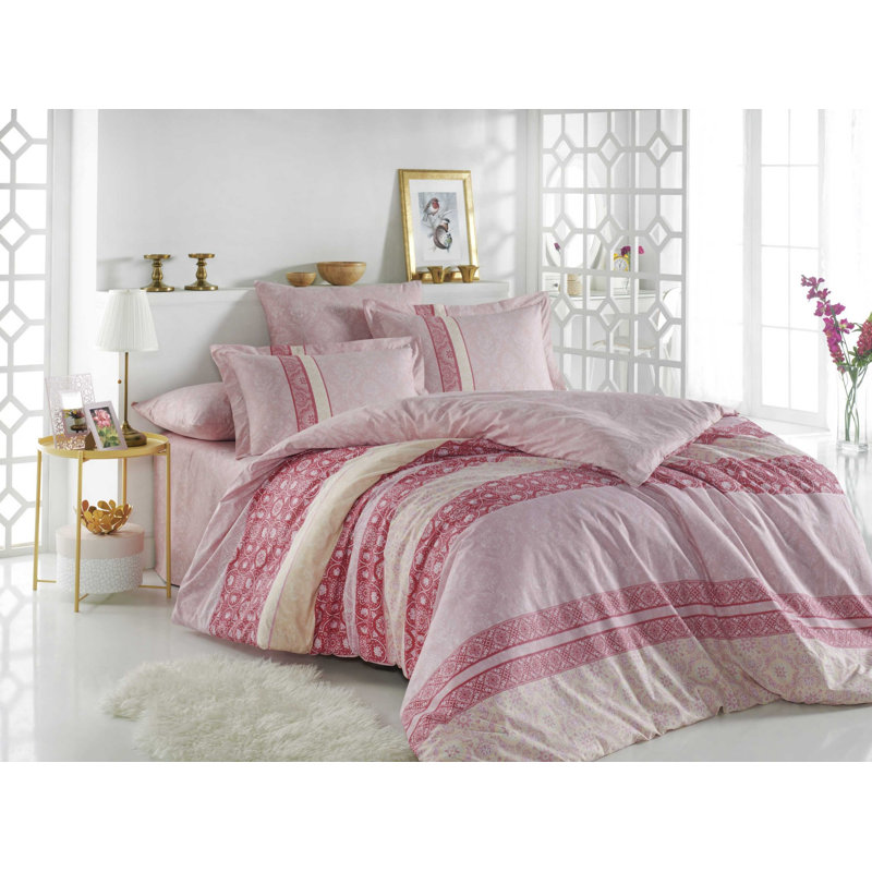 Ensemble de housse de couette 100% coton Mose, Housse de couette 63 "x 87" + 2 pièces supplémen, Rose bébé / rose foncé
