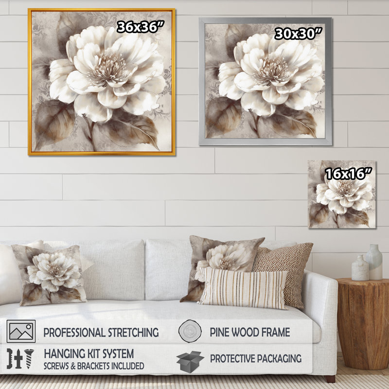 Pivoines grises sur branche III - pivoines, art mural sur toile, H 24 po x l 24 po x P 1 po, Encadrement argenté
