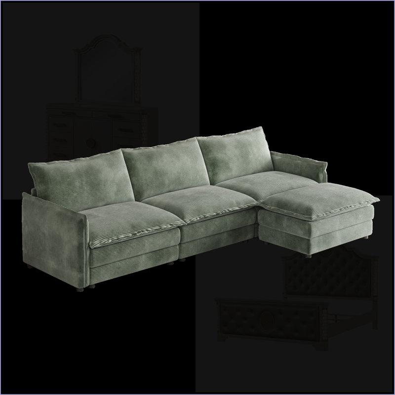 Sectional Sofas 3-Seater L-Shaped with Movable Footrest, Deep Seat Corduroy Fabric for Living Room | Corduroy | Sage Green