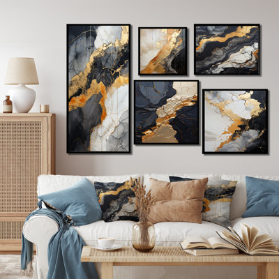Minimalisme chrome or et orange poteries - ensemble de 5 reproductions d'art abstrait