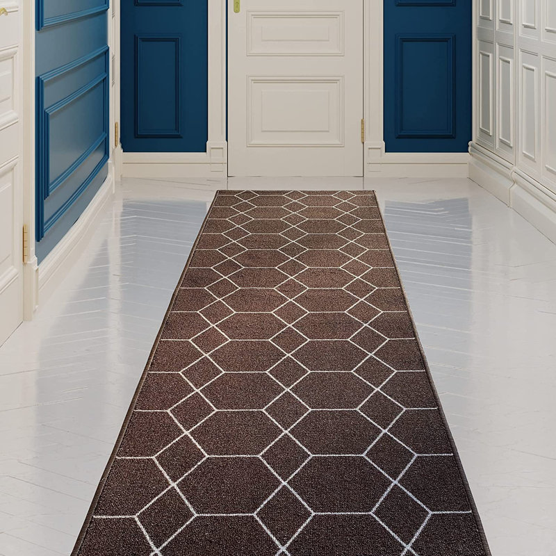 Custom Size Runner Rug Choose Your Length Hexagon Trellis Design Brown Color, Runner 2'2" x 18'