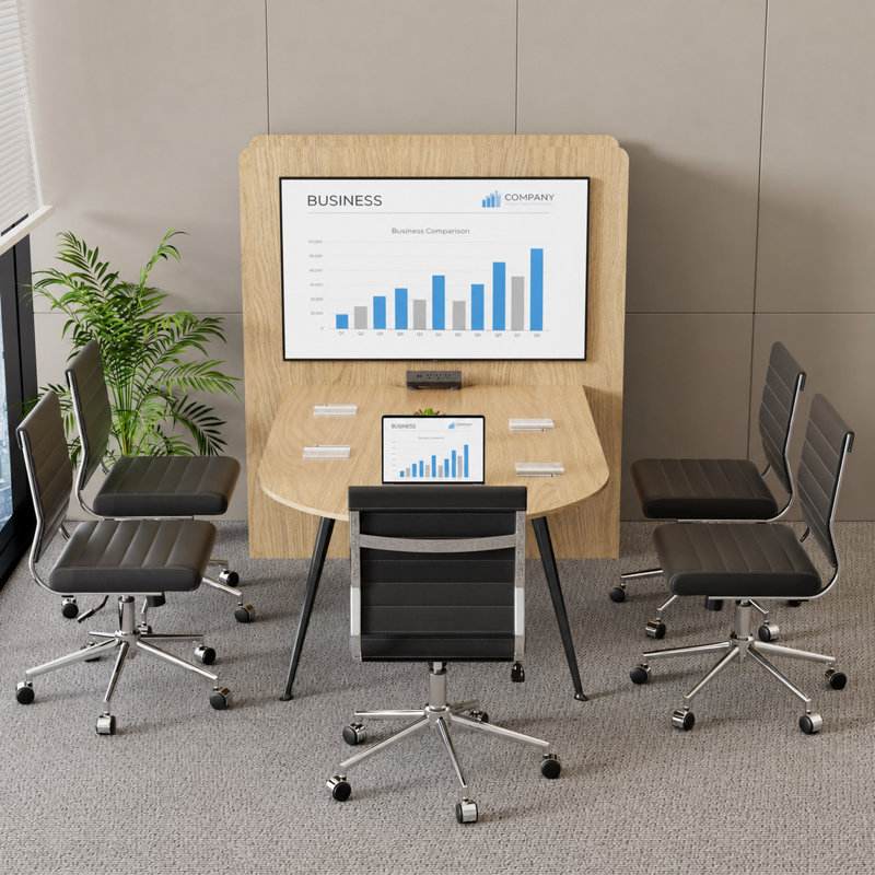 Ensemble de table de conférence de 90 po avec prises murales et prises de télévision et 5 chaises de bureau pivotantes sans accoudoirs à dossier moyen