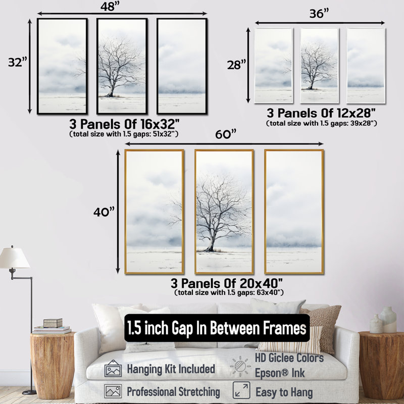 Winters Tree Minimalisme - ensemble d'art mural arbre, H 40 po x l 60 po x P 1 po, Cadre naturel flottant