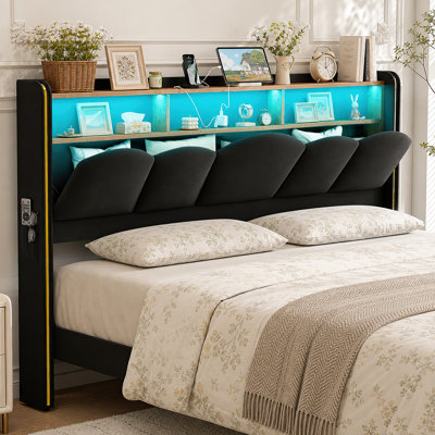 48" Tall King Size Hidden Storage Headboard with Charging Station, Velvet Upholstered Headboard Only with Storage, Led Lights, 2 Outlets & 2 Usb Ports, Attach Frame, Easy Assembly, Black
