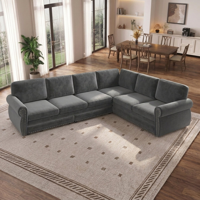 Canapé-lit modulaire en forme de L de 118 po avec lit escamotable, garniture cloutée et accoudoirs roulés de 118 po
