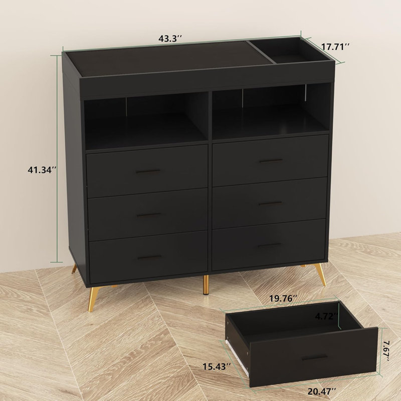 Commode 6 tiroirs avec lumières DEL et prise de courant, commode pour table à langer avec 2 tablettes de rangement ouvertes