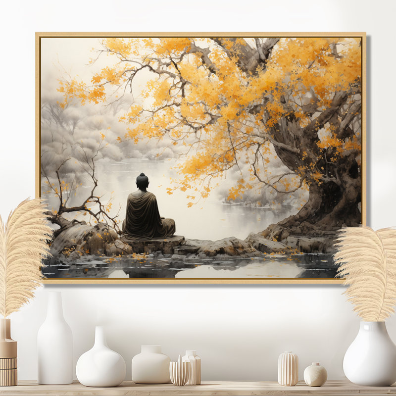 Décoration murale bouddhisme gris et jaune II - Bouddhisme, Reproduction avec cadre flottant, H 16 po x l 32 po, Érable