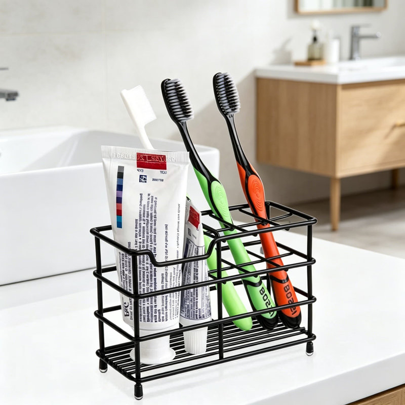Porte-brosse à dents et dentifrice en acier inoxydable, organisateur de salle de bain à 7 fentes avec base antidérapante, rangement de comptoir peu encombrant pour les salles de bain modernes