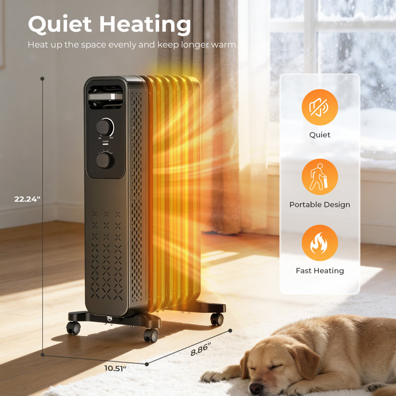 Electactic 1500w Oil Filled Radiator Heater - 3 Heating Modes, Adjustable Thermostat, Quiet, Black