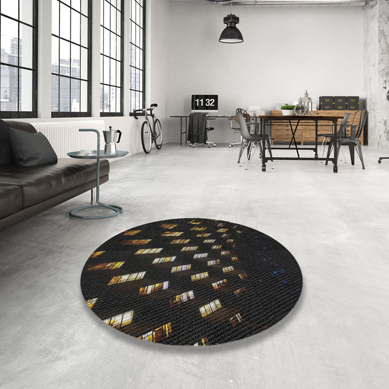 Tapis noir/or/mauve à motifs, Rond 5 pi