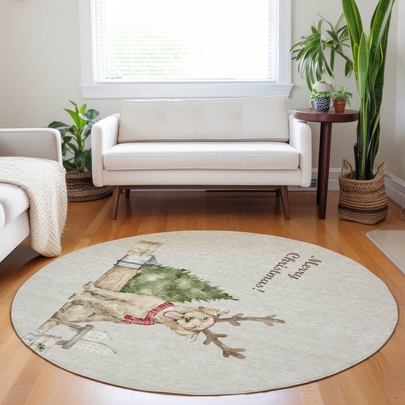 Premium Machine Washable Cerrito AMF219 Taupe Rug, Round 8'