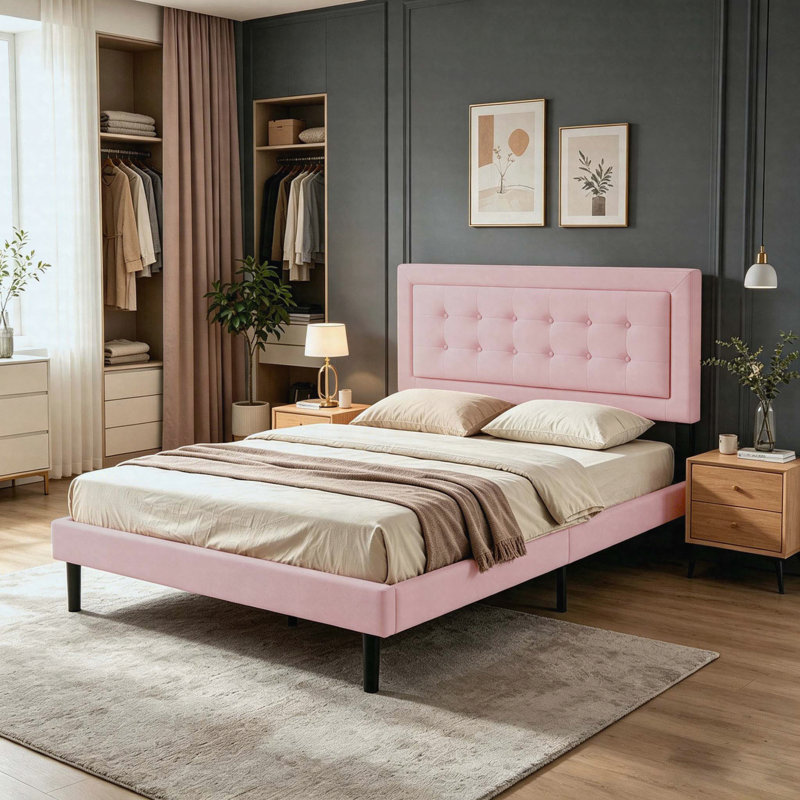 Grand lit plateforme tapissier en tissu grand format, support en lattes de bois massif, facile à assembler, rose, Grand lit