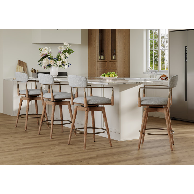 Mid-Century Modern Swivel Counter Stool With Solid Wood Frame, Gray