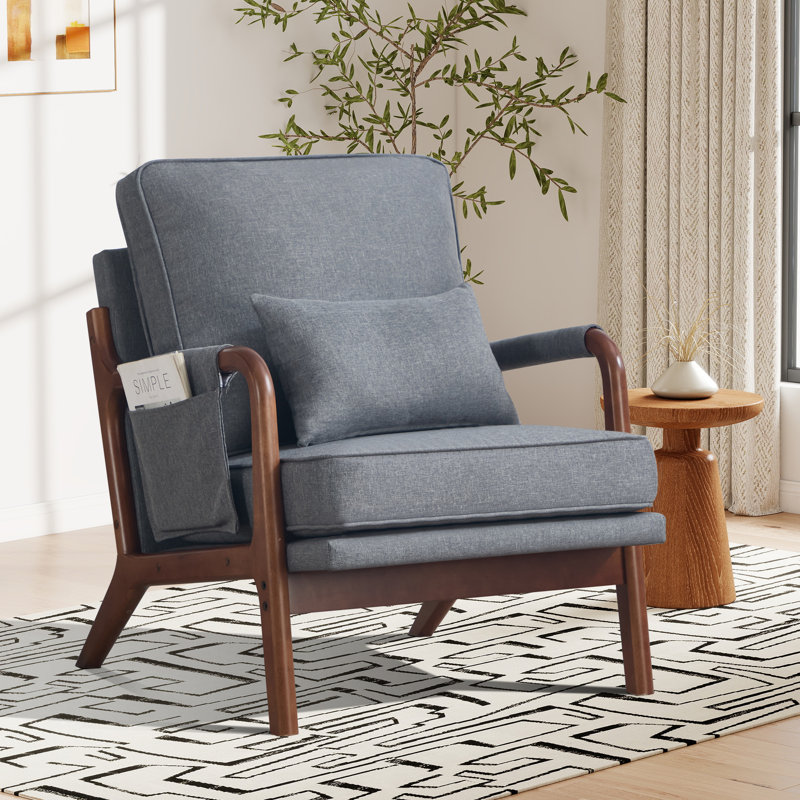 25.4'' Wide Mid-Century Upholstered Solid Wood Armchair With Side Storage Pocket, Dark Gray, 3