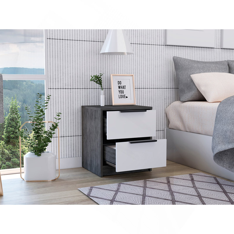 Kaia Nightstand , End Table, Side Table Two Drawers, Metal Handle -Smokey Oak / White, Black/White