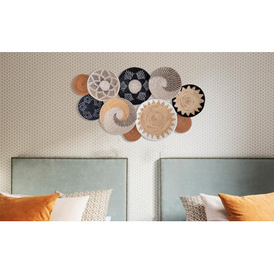 Woven Basket Wall Decor Set of 10, Decorative Wall Plates Unique Wicker Pieces That Are Flat and Light Enough to Cluster Above a Sofa Bed or Hallway