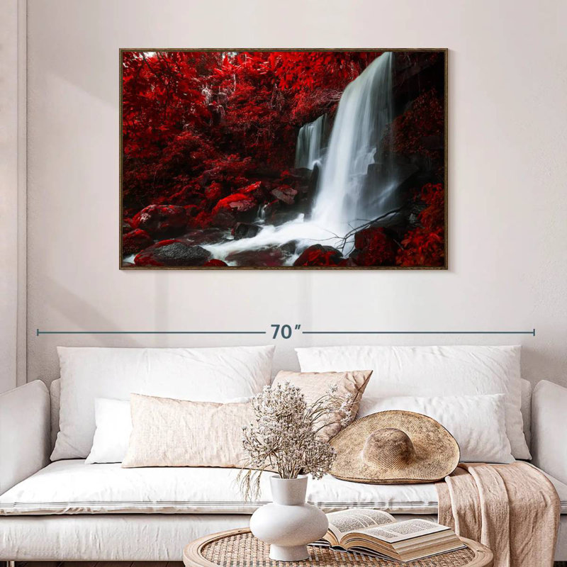 Chute d'eau rouge d'automne, 46 po x 31 po, Cadre flottant noyer