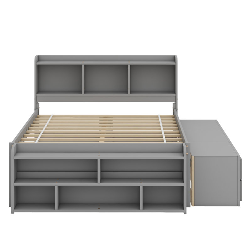 Lit avec tête de lit bibliothèque, tiroirs de rangement sous le lit et étui de rangement, Gris