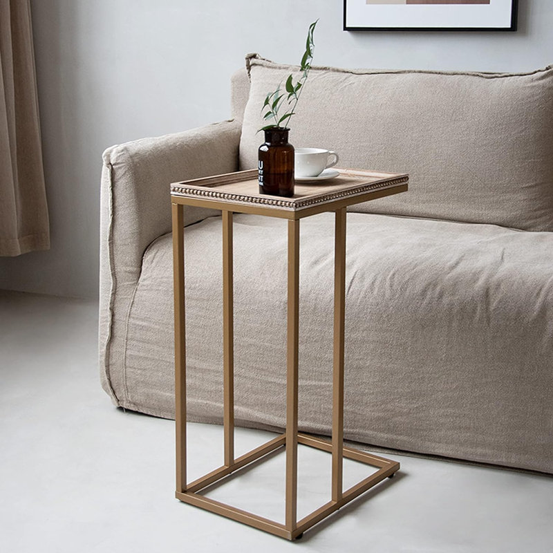 Farmhouse C Table Couch End Table Distressed Beaded Edge Tray Top Side Table, Gold