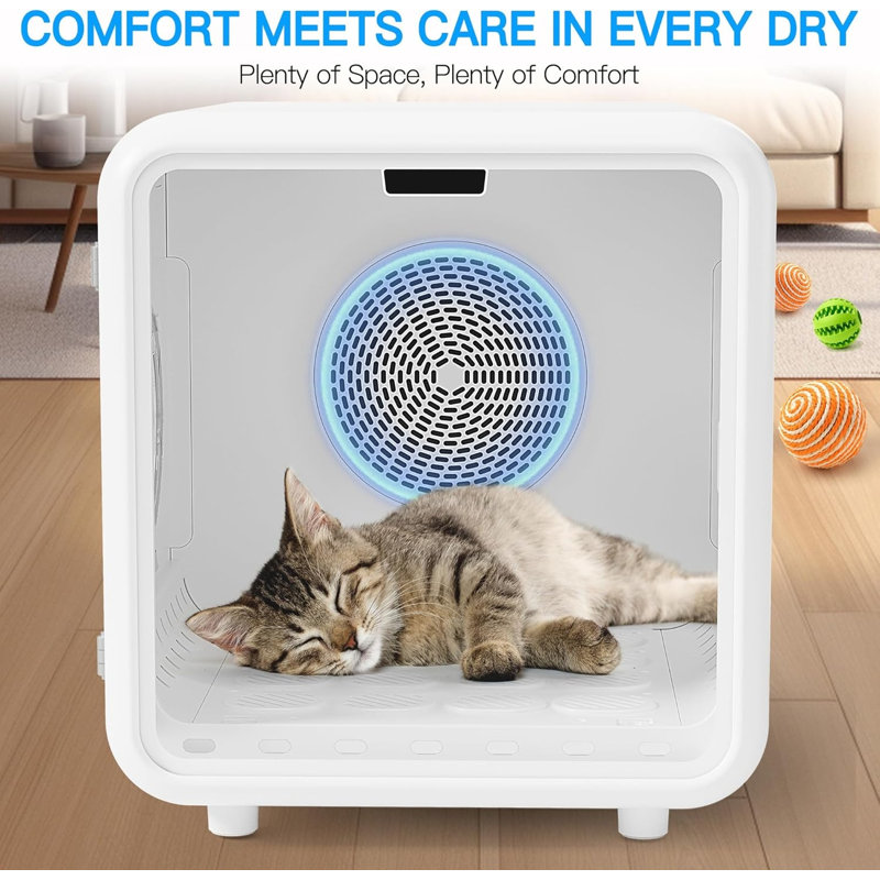 Boîte de séchage pour animaux Fenbeli pour chats et petits chiens, très grande salle de séchage pour animaux de compagnie de 75 L avec commande intelligente, débit d'air à 360 °, température et temps réglables, sécheuse spacieuse pour la maison