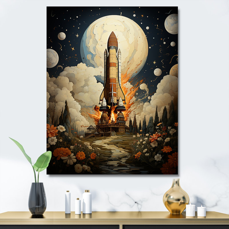 Impression rétro sur toile de fusée cosmique rétro impressionniste, Toile tendue, H 44 po x l 34 po x P 1,5 po