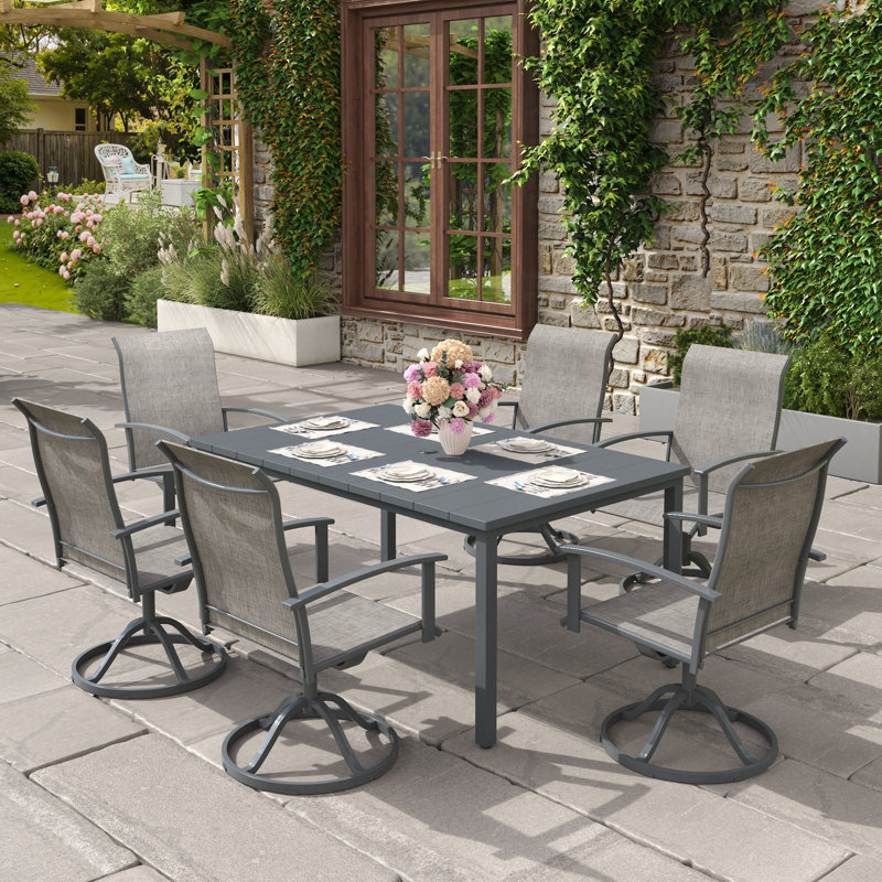 6-Person Outdoor Rectangular Patio Dining Set With Swivel Armchairs, Gray