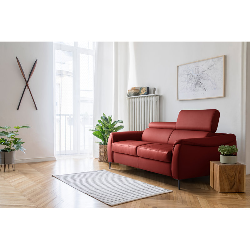 Genuine Leather 2 Seater Sofa Bed with Mattress with Adjustable Headrests Venezia, Red