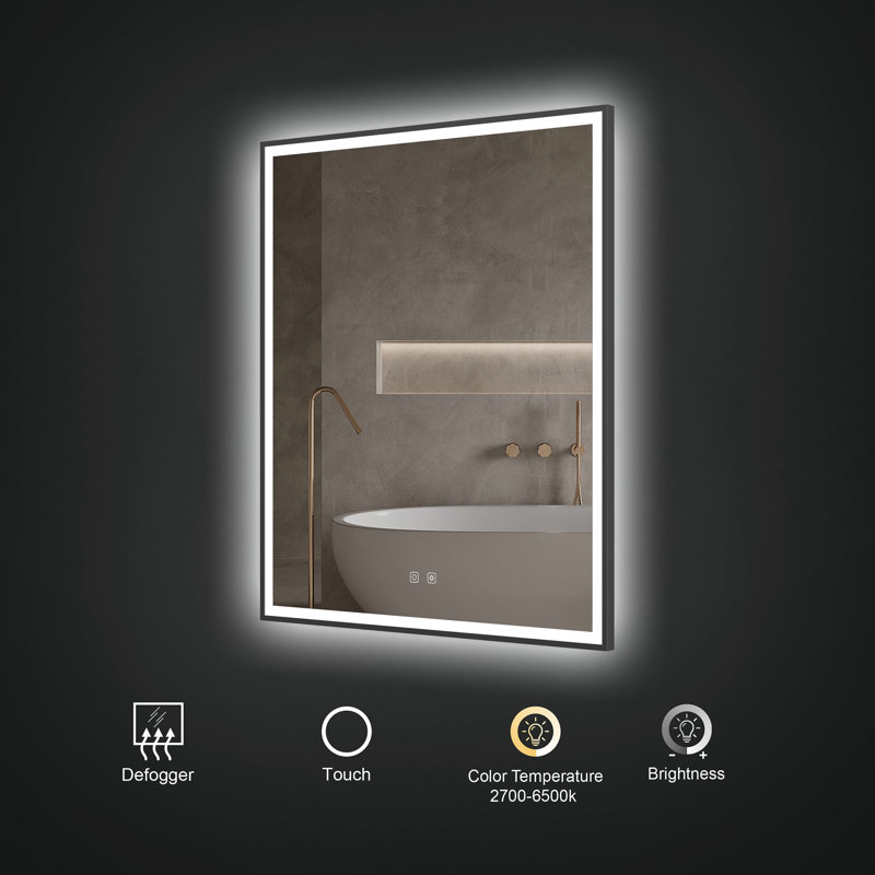 Miroir mural rectangulaire DEL 48 "x 36" avec cadre en aluminium, désembueur, température et luminosité réglables Eden - or brossé