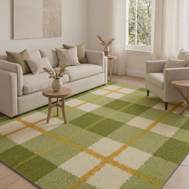Modern Checkered Machine Washable Green / Beige / Orange Indoor Area Rug with Non-Slip Backing, Rectangle 8' x 10'