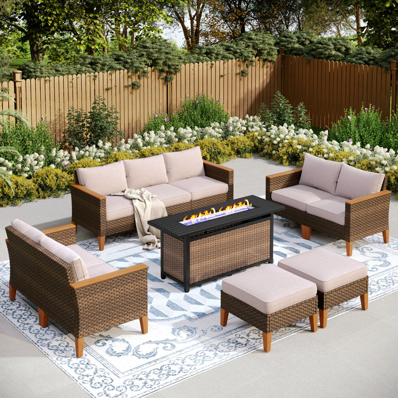 Argyri 9-Piece Wicker Outdoor Patio Conversation Furniture Sectional Set with Fire Pit Table, Yes, Beige
