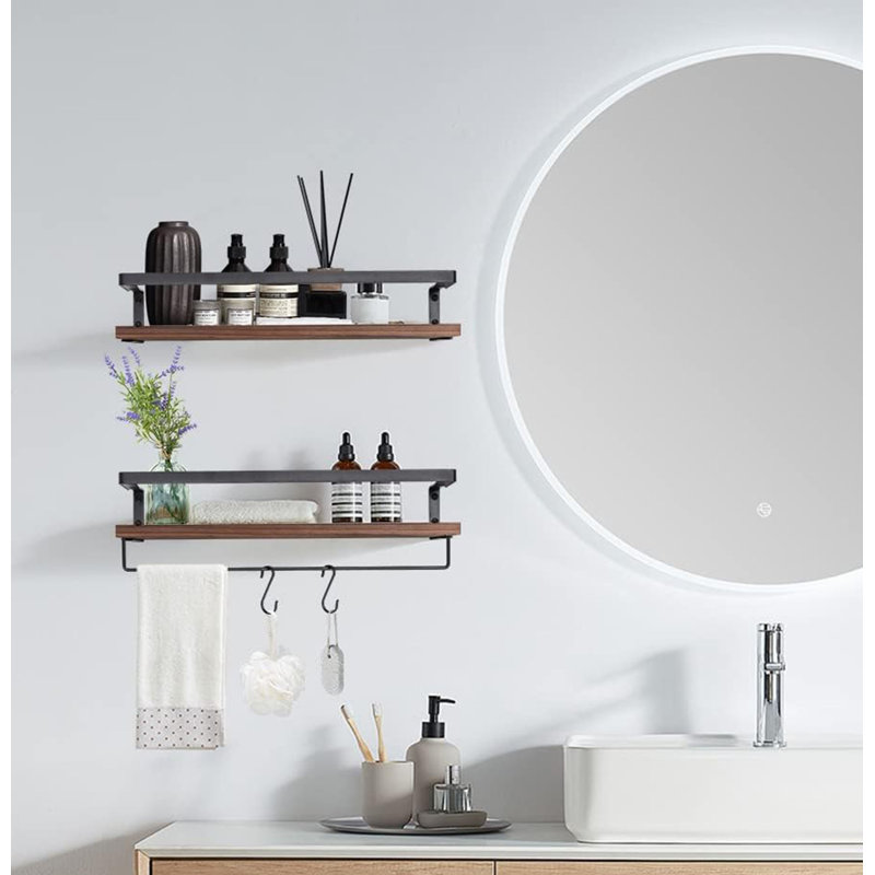 Floating Shelves Wall Mounted Shelf, Solid Wood Shelf, Towel Bar 8 Hooks, Brown