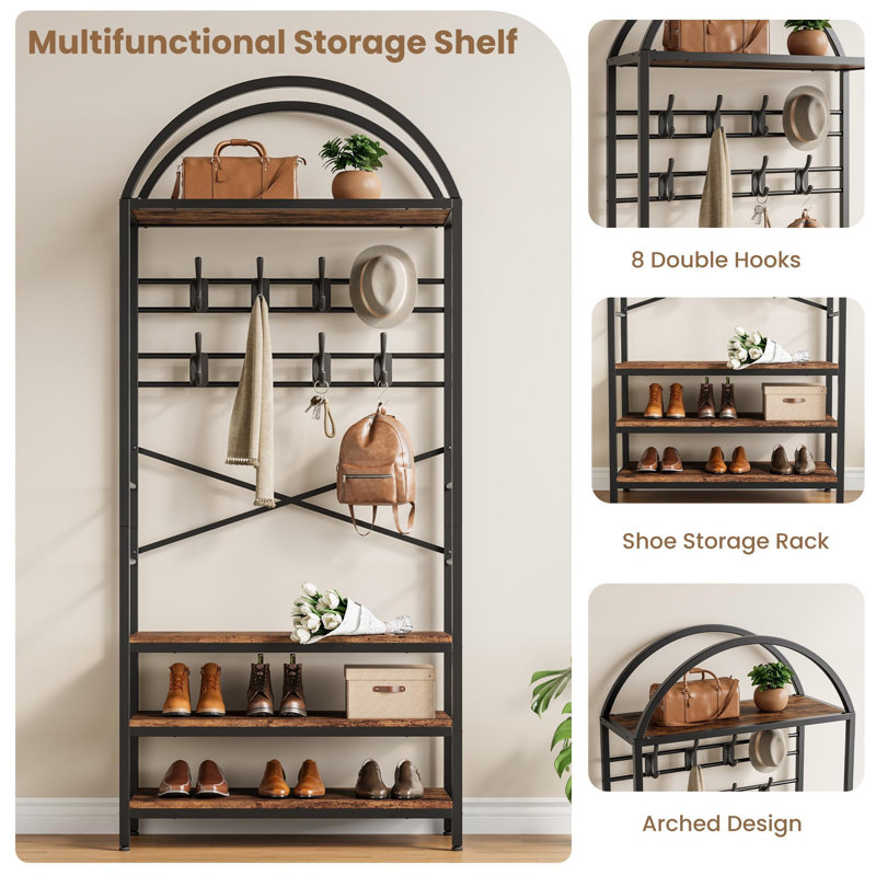 Freestanding Entryway Coat Rack with Hooks & Multi-Tier Storage Shelves