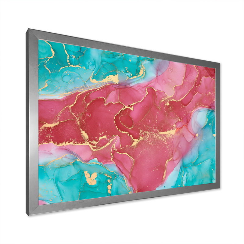 Reproduction d'art sur toile, rose et turquoise, H 30 po x l 40 po x P 1,5 po, Cadre photo argenté