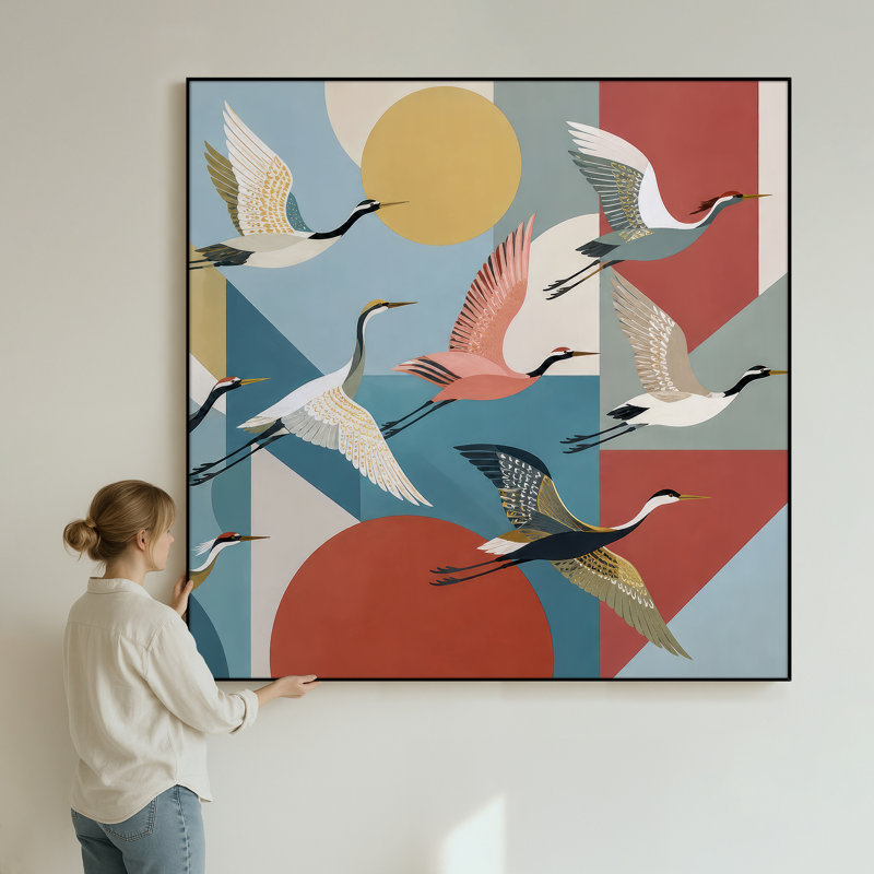 Très grand art mural imprimé sur tissu - Décoration de salon rétro bleu sarcelle avec oiseaux géométriques - «Assemblage requis du cadre (cadre non fini)»