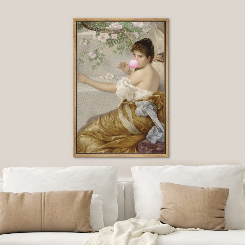 «Woman Tuning Harp Bubblegum», H 36 po x l 24 po, Cadre naturel flottant