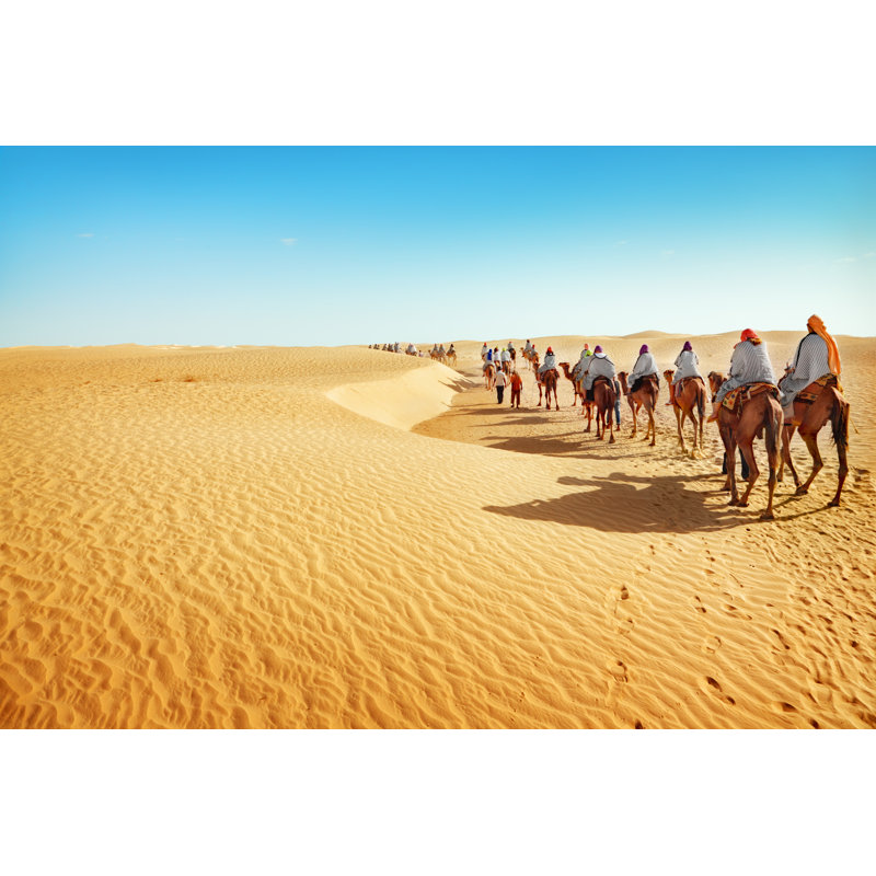People On Camels Traveling Across The Sahara Desert - Wrapped Canvas Print, 30cm H x 46cm W x 3.8cm D