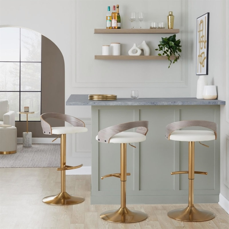 Tabouret de bar réglable avec pivot en métal doré, Polyuréthane blanc, 3, Polyuréthane blanc