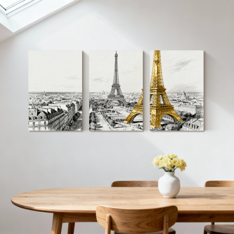 Monument historique de la Tour Eiffel, paysage urbain, accent doré, ensemble de 3 impressions d'art sur toile