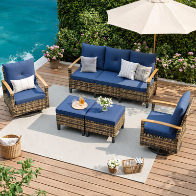 5-Piece PE Wicker Patio Conversation Set With Swivel Chairs 3 Seat Sofa And Cushioned Ottomans